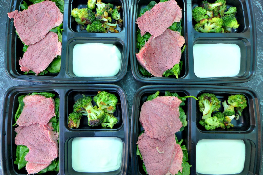 Keto lunch boxes with silverside, broccoli, spinach and sour cream