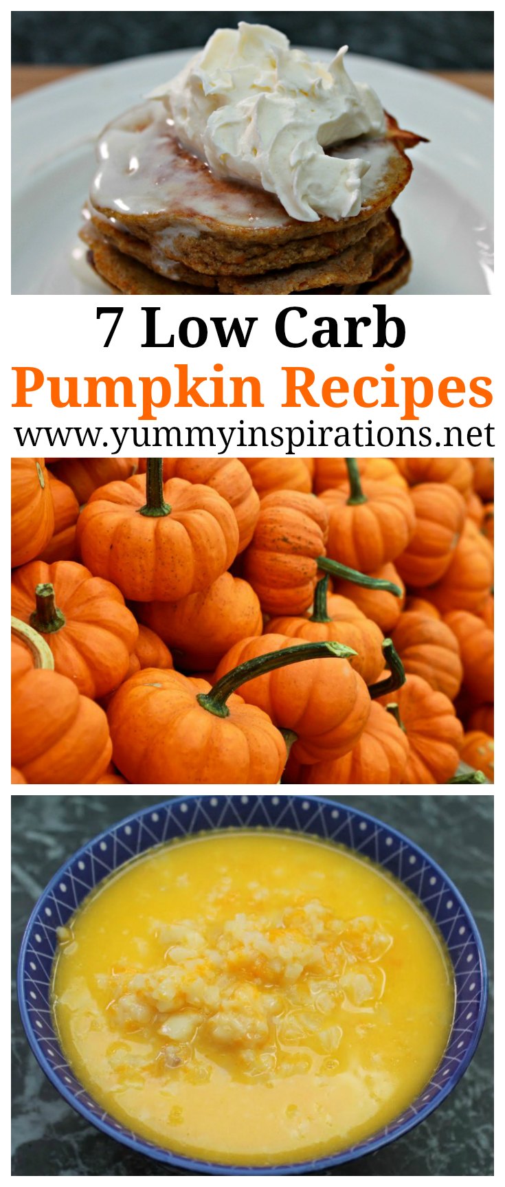 7 Low Carb Pumpkin Recipes - Easy Keto Diet Friendly pumpkin recipe ideas including pancakes, salad, pie, bread and more.