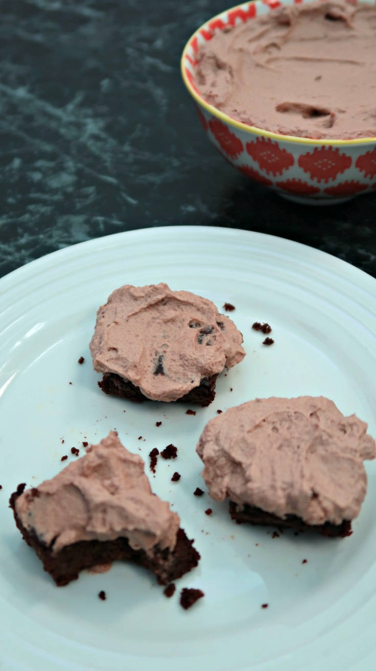 Low Carb Chocolate Frosting in a bowl and with 3 keto brownies
