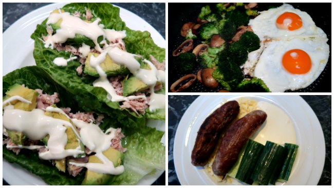 Collage of Keto Diet meal ideas - tune lettuce cups, fried eggs and vegetables and sausages and vegetables