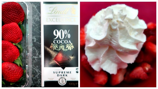 Keto Snacks collage of strawberries, cream and 90% dark chocolate