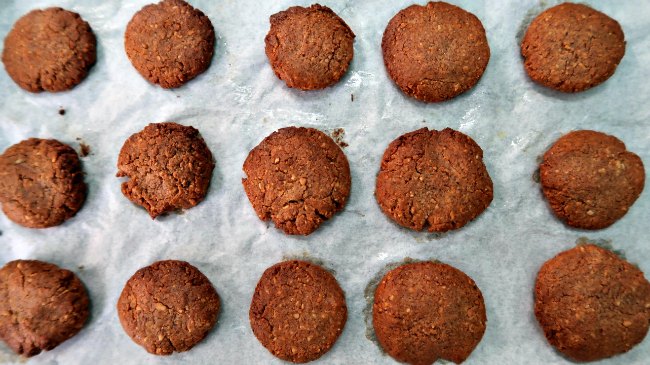 Tray of freshly baked keto almond butter cookies