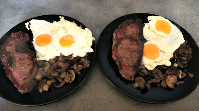 Steak, Mushrooms and Fried Eggs Meal