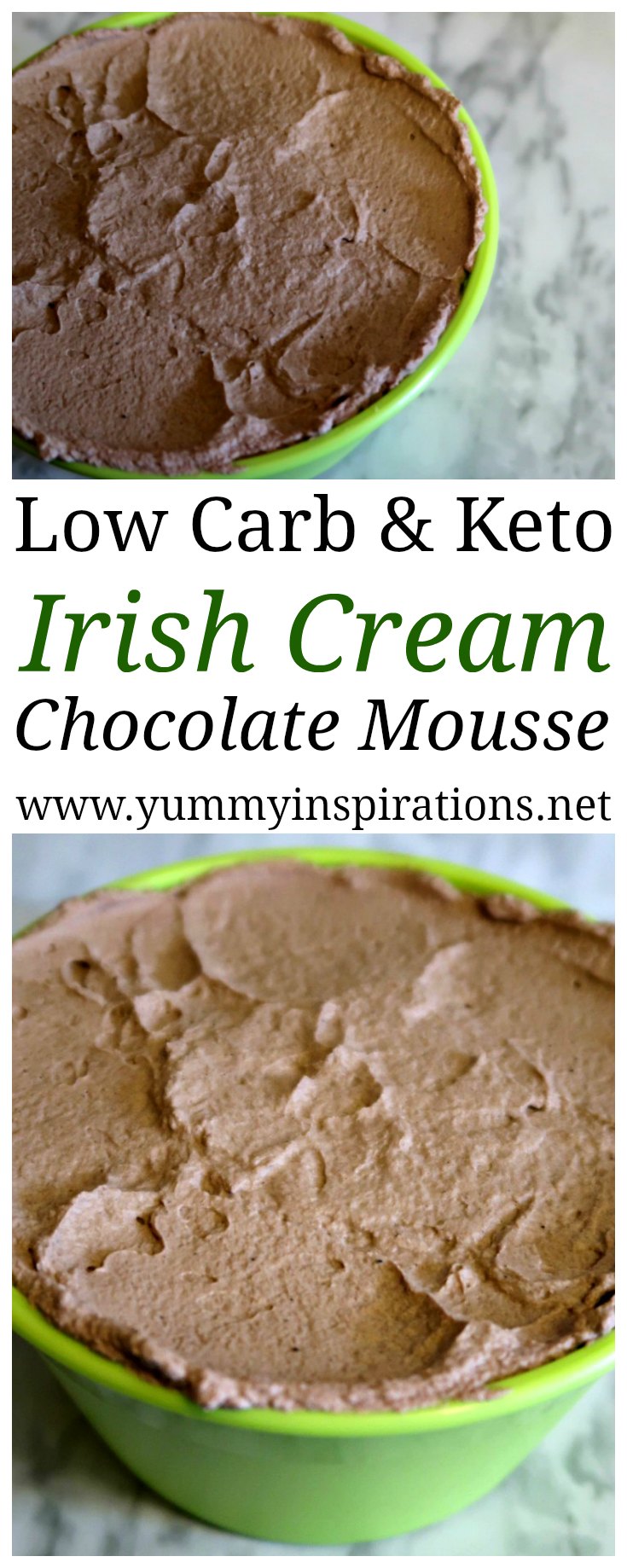 Low Carb Irish Cream Chocolate Mousse Recipe - An Easy Keto Baileys Mousse that's richly chocolatey, without gelatin and with whipped cream.