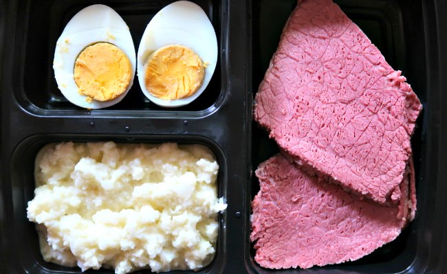 Intermittent Fasting Meal idea - meal prep box with silverside, cauliflower mash and hard boiled egg