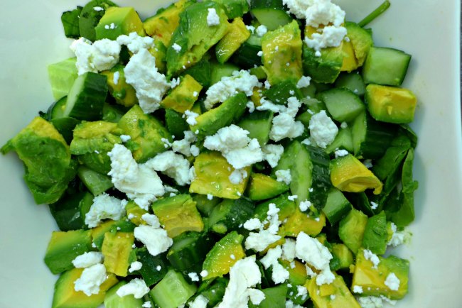 Meat free keto diet - Low carb vegetables in a salad - spinach, cucumber, avocado and feta