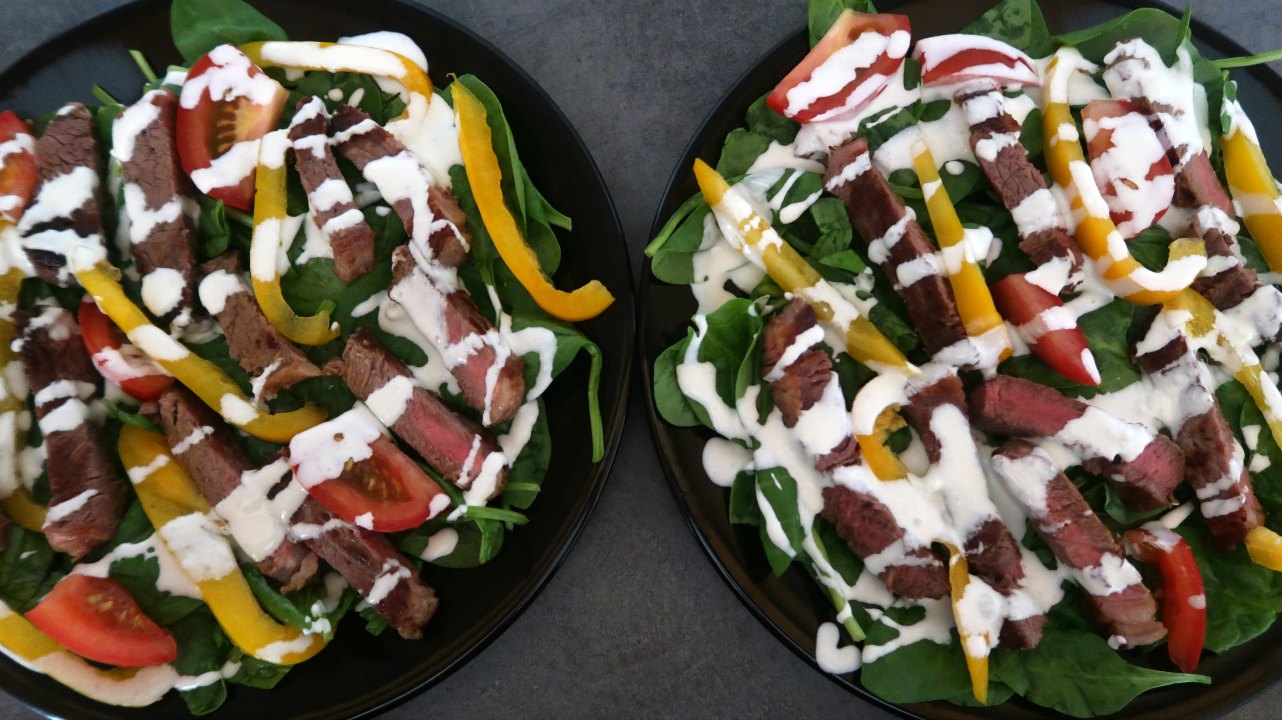Plates of Keto Steak Salad with Blue Cheese Dressing