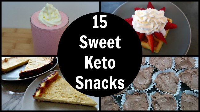 Sweet Keto Snacks Collage with waffles, fat bombs, lemon cake and a smoothie