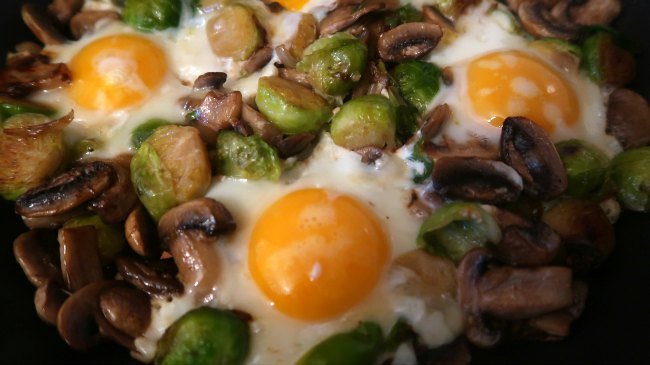 Brussels Sprout Breakfast Hash with eggs and mushrooms