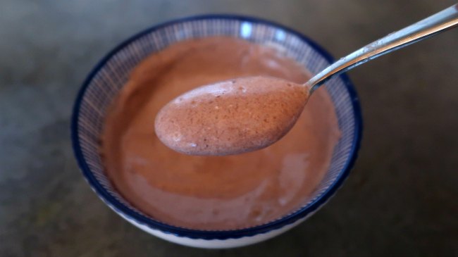 Spoon of keto chocolate yoghurt