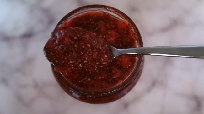 Jar of homemade strawberry chia seed jam