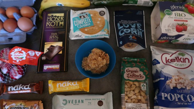 Haul of vegetarian snacks for plane travel or road trips