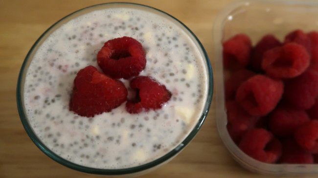 Keto raspberry chia seed pudding breakfast bowl without eggs