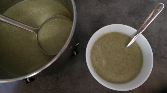 Pot of creamy cream of mushroom broccoli soup