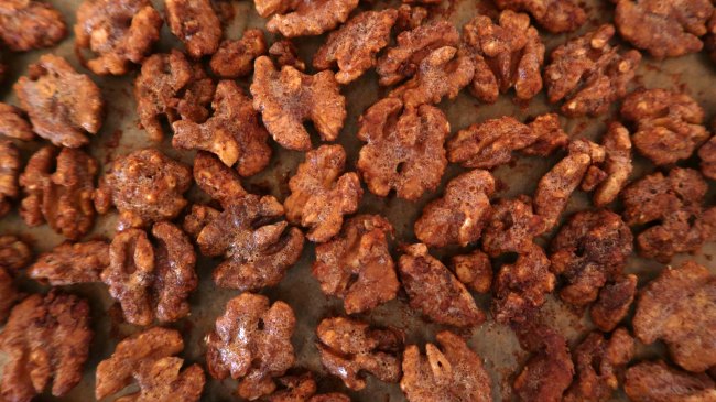 Tray of keto candied walnuts
