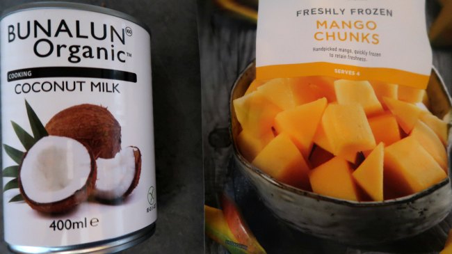 The 2 ingredients needed - mangoes and coconut milk