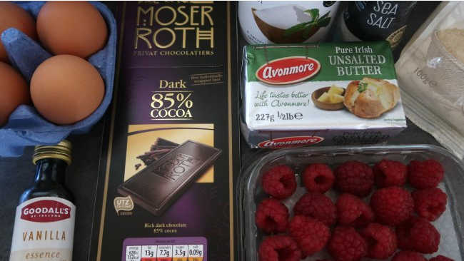 Ingredients for chocolate brownies with raspberries