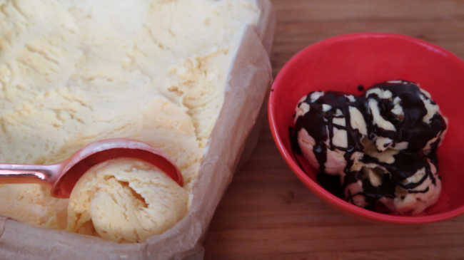 Ice cream with homemade chocolate topping