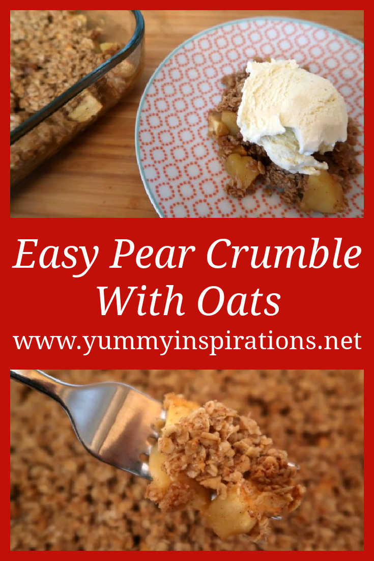 Easy Pear Crumble Recipe With Oats Topping - A gluten free way to enjoy overripe pears - with the video tutorial for the 6 ingredient comfort dessert.