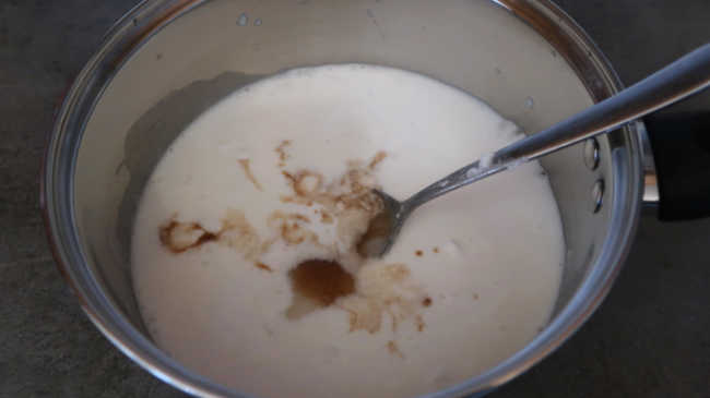 Combining panna cotta ingredients together in a small pot or saucepan