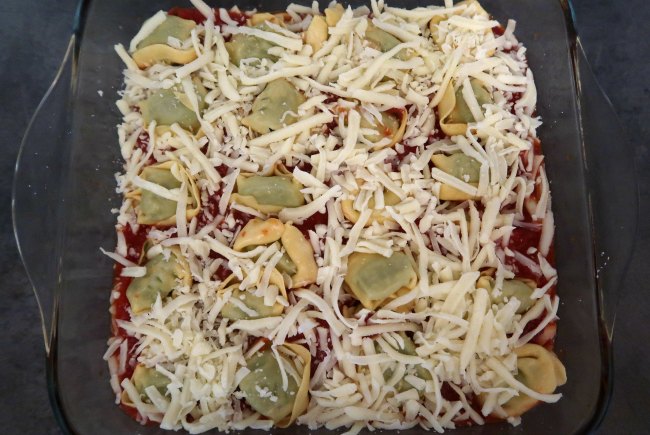 Cheesy tortellini bake ready for the oven