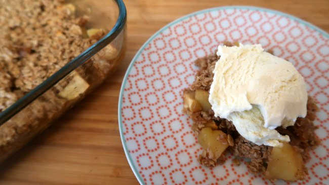 Crumble topped with ice cream