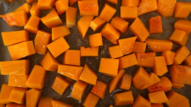 Tray of pumpkin for roasting