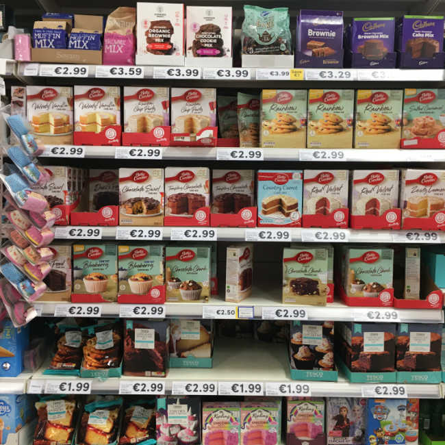 Selection of cake mixes at the grocery store