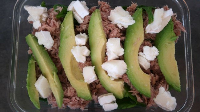 Tuna and avocado salad in a meal prep container