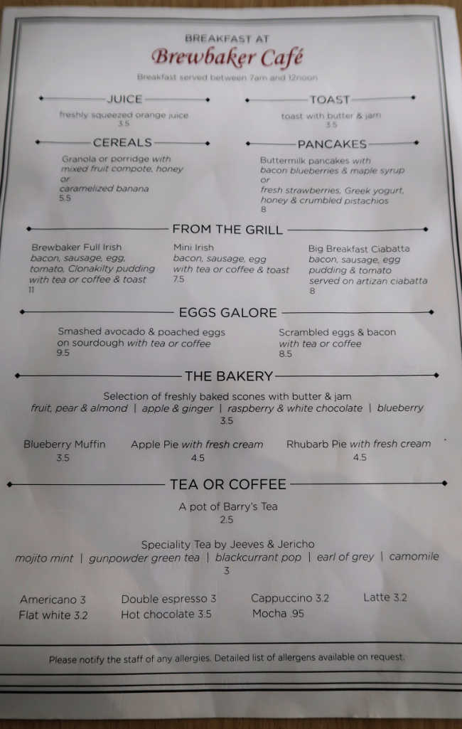 Full breakfast menu in Dublin