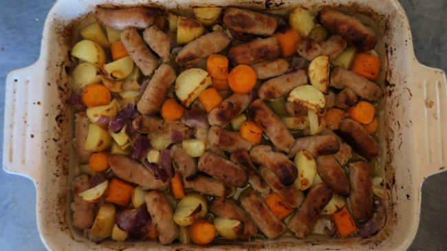 How to make an easy tray bake with sausages and vegetables