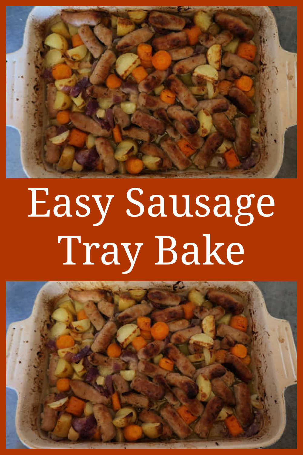 Sausage Tray Bake Recipe – How to make an easy budget friendly quick dinner meal with sausages, potatoes and vegetables – with the full video tutorial.