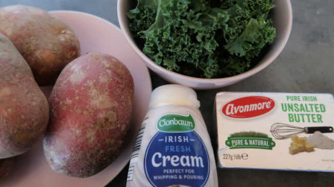 The simple ingredients for the easy recipe - Irish potatoes, cream, butter and kale