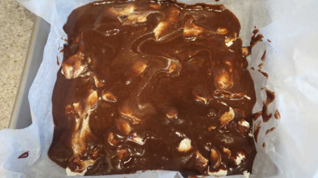 Chocolate cheesecake brownies ready for the oven