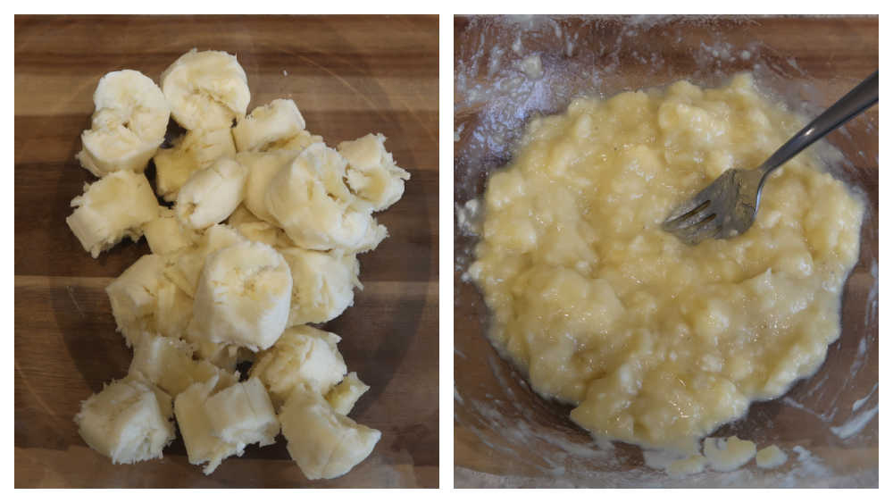 Mashing banana in a large bowl