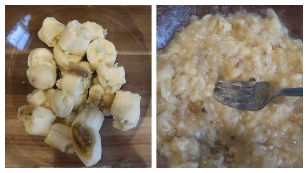 Mashing ripe bananas in a large bowl