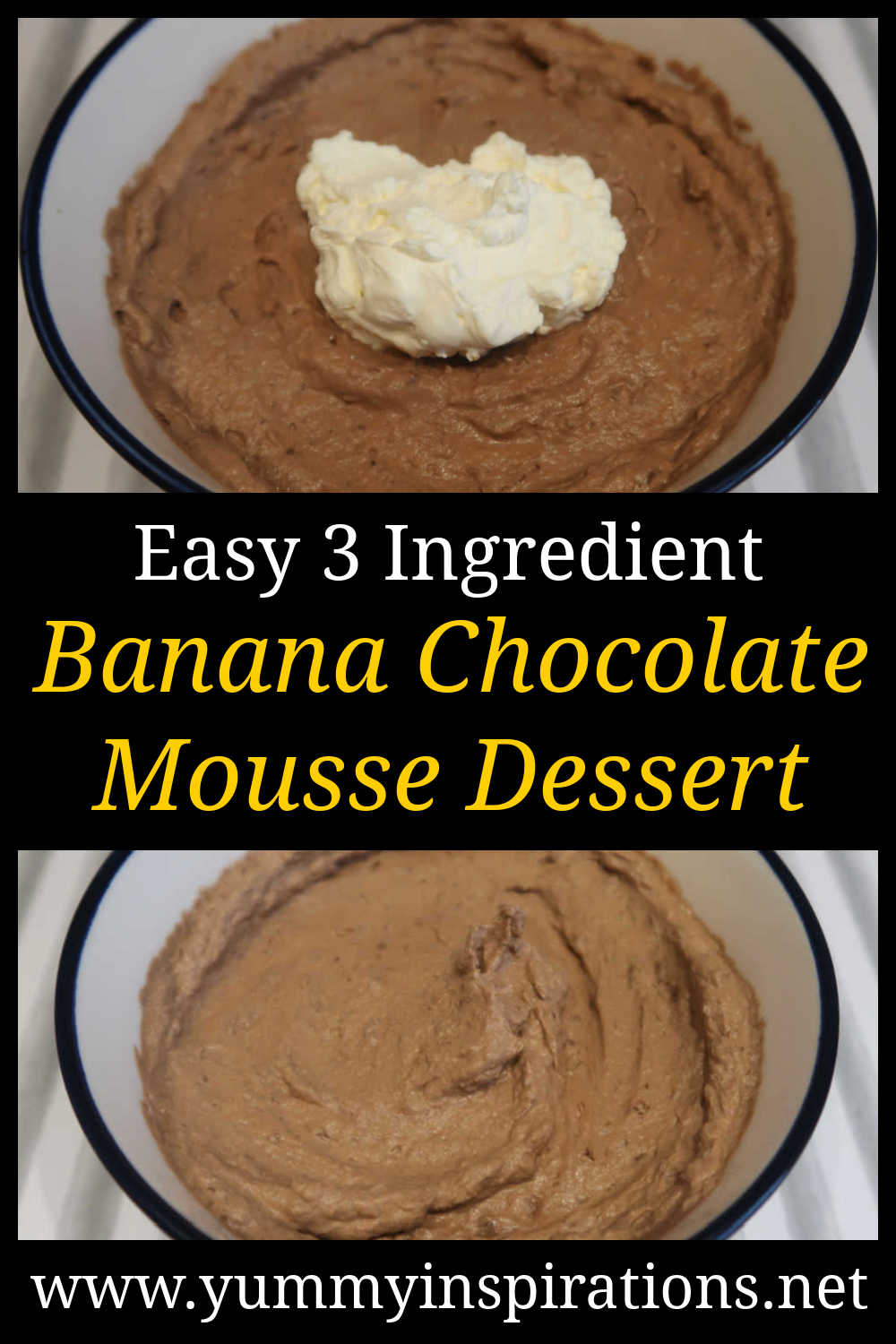Banana Chocolate Mousse Recipe - Easy 3 Ingredient Dessert. Ripe bananas, cocoa powder and cream come together to make a creamy, chocolatey no-bake dessert