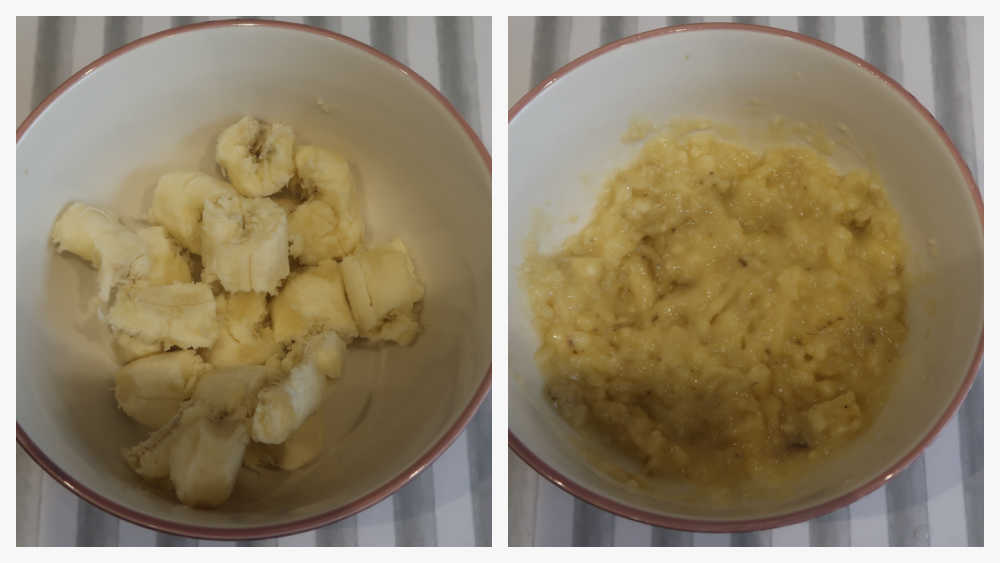 Breaking up and mashing the bananas