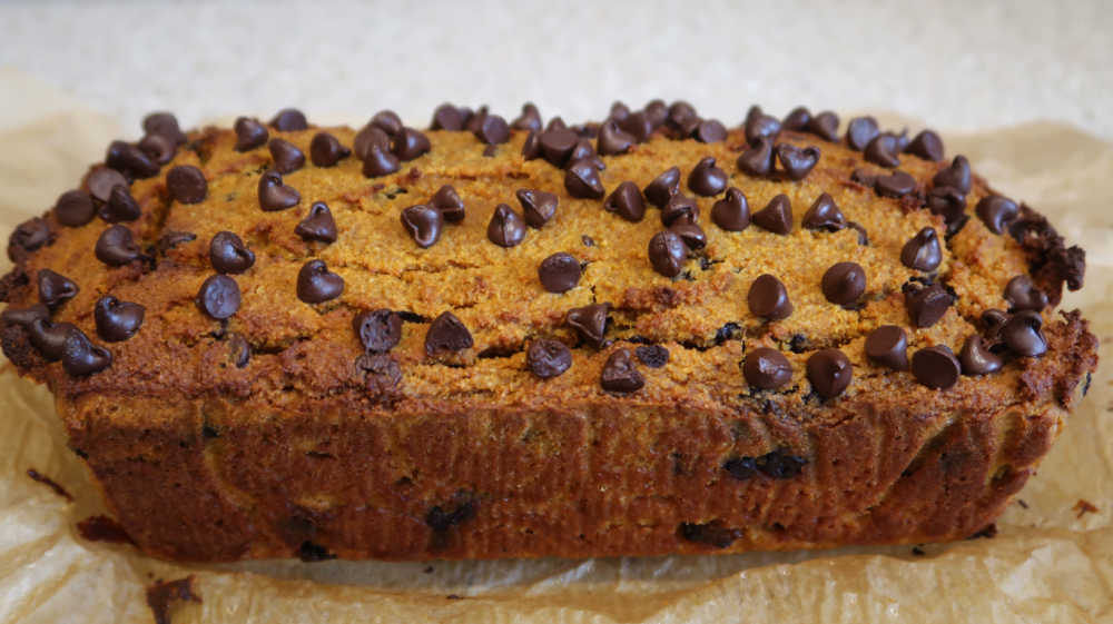Pumpkin chocolate chip bread out of the oven