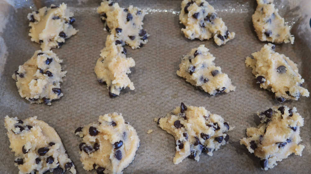 Tray of almond flour chocolate chip cookies ready for the oven